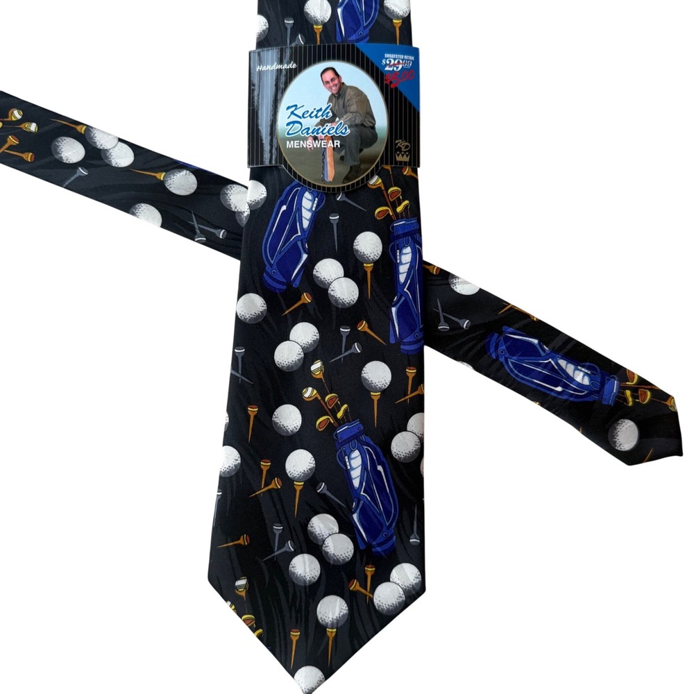 Keith Daniels Golf Necktie Mens OS Black Blue Novelty Print Play Ball Series 1